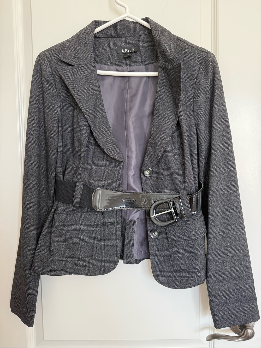 A. Byer Gray Plaid Belted Blazer